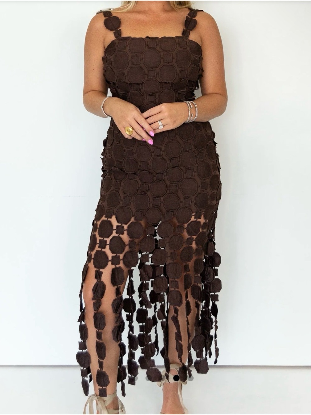 Brown Crochet Midi Dress with Fringe Detail